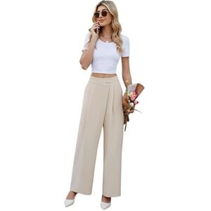 Womens Wide Leg Palazzo Pants Beige High Waisted Pleated Button Detail Casual